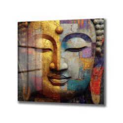 Budha Yüzü Soyut Sanat Cam Tablo - Altın ve Mavi Tonları Duvar Dekoru Budha Yüzü Soyut Sanat Cam Tablo - Altın ve Mavi Tonları