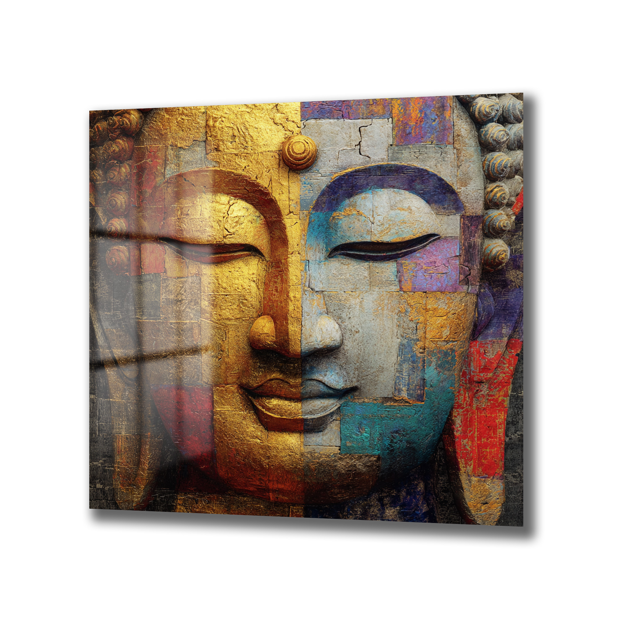 Budha Yüzü Soyut Sanat Cam Tablo - Altın ve Mavi Tonları Duvar Dekoru Budha Yüzü Soyut Sanat Cam Tablo - Altın ve Mavi Tonları