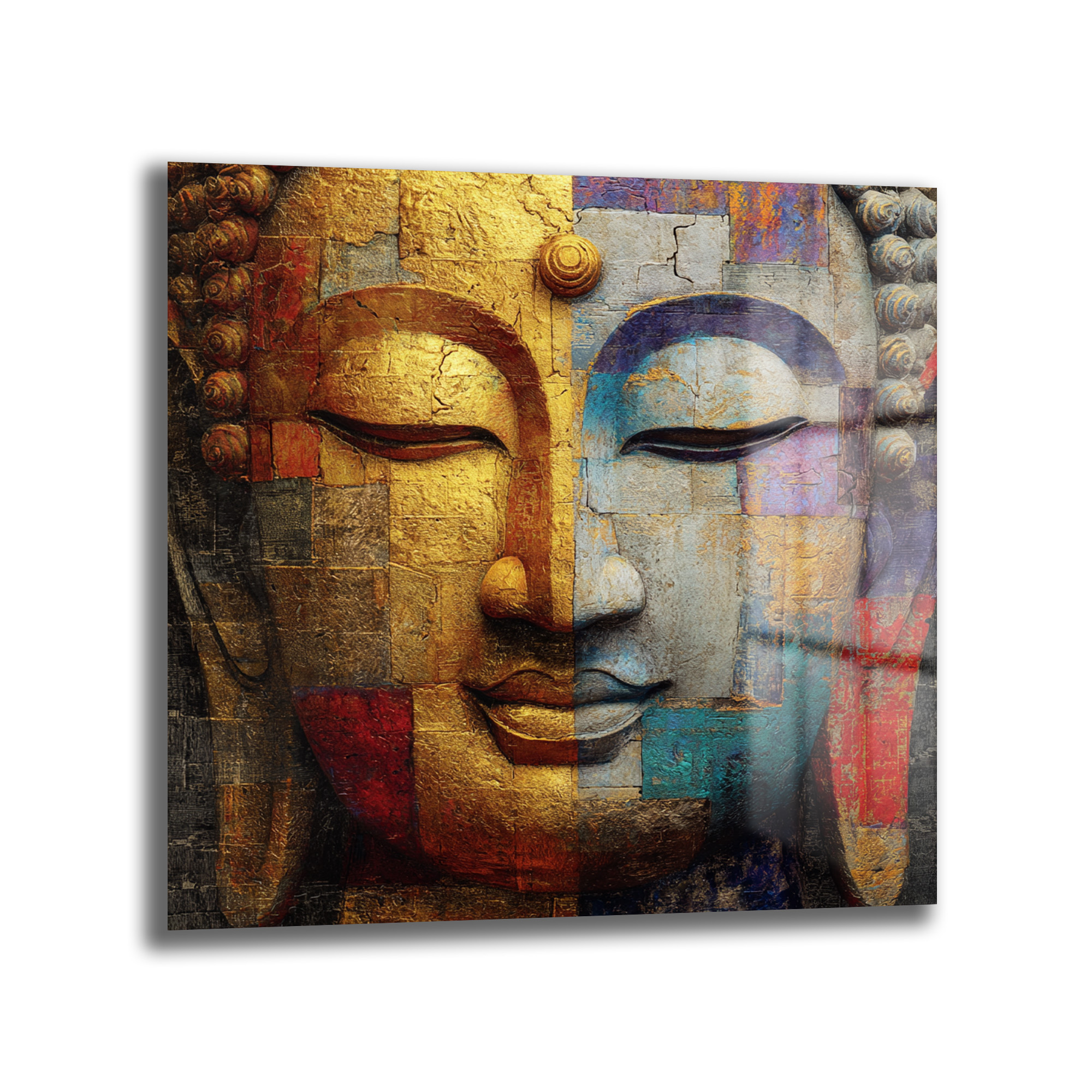 Budha Yüzü Soyut Sanat Cam Tablo - Altın ve Mavi Tonları Duvar Dekoru Budha Yüzü Soyut Sanat Cam Tablo - Altın ve Mavi Tonları
