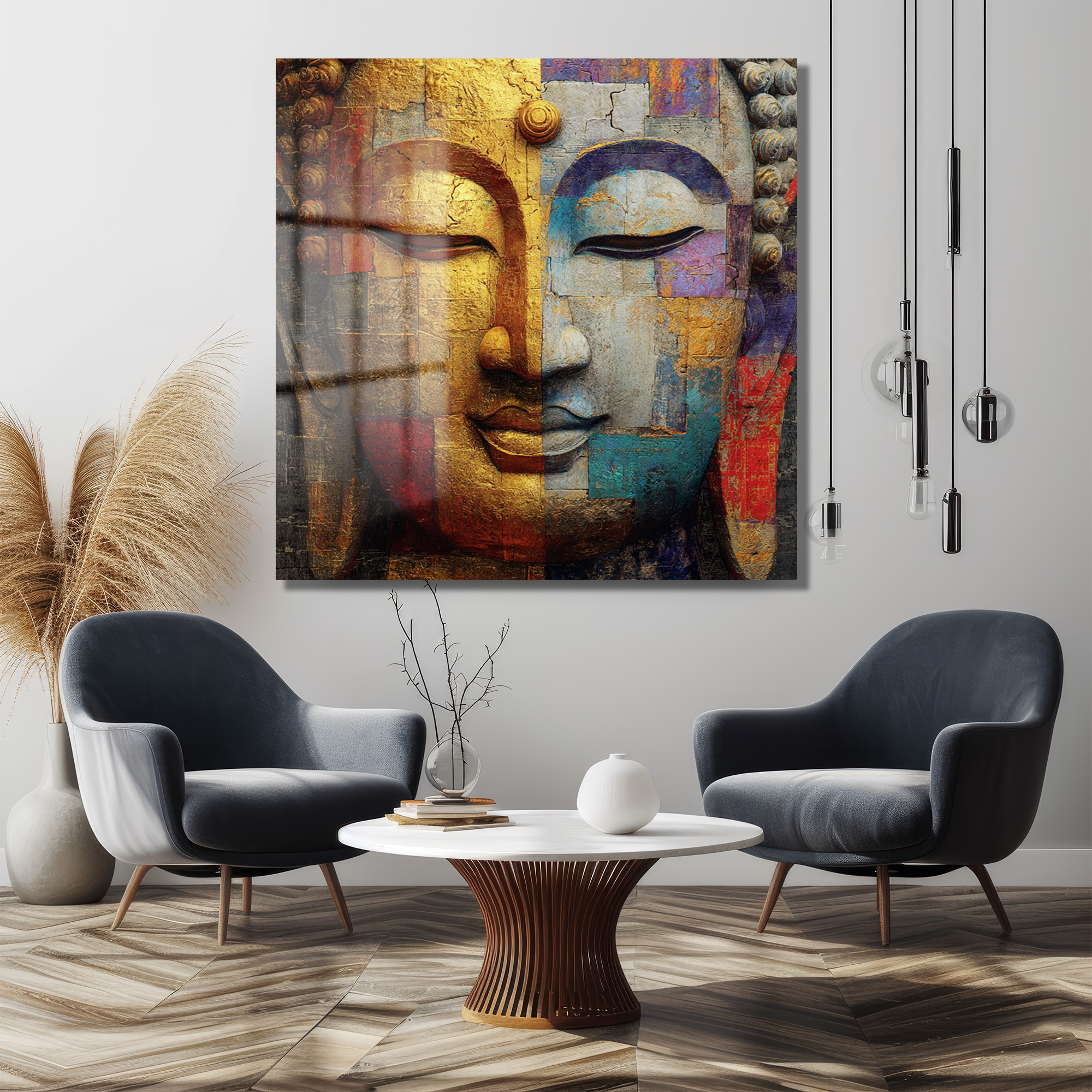 Budha Yüzü Soyut Sanat Cam Tablo - Altın ve Mavi Tonları Duvar Dekoru Budha Yüzü Soyut Sanat Cam Tablo - Altın ve Mavi Tonları