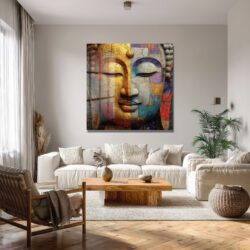Budha Yüzü Soyut Sanat Cam Tablo - Altın ve Mavi Tonları Duvar Dekoru Budha Yüzü Soyut Sanat Cam Tablo - Altın ve Mavi Tonları