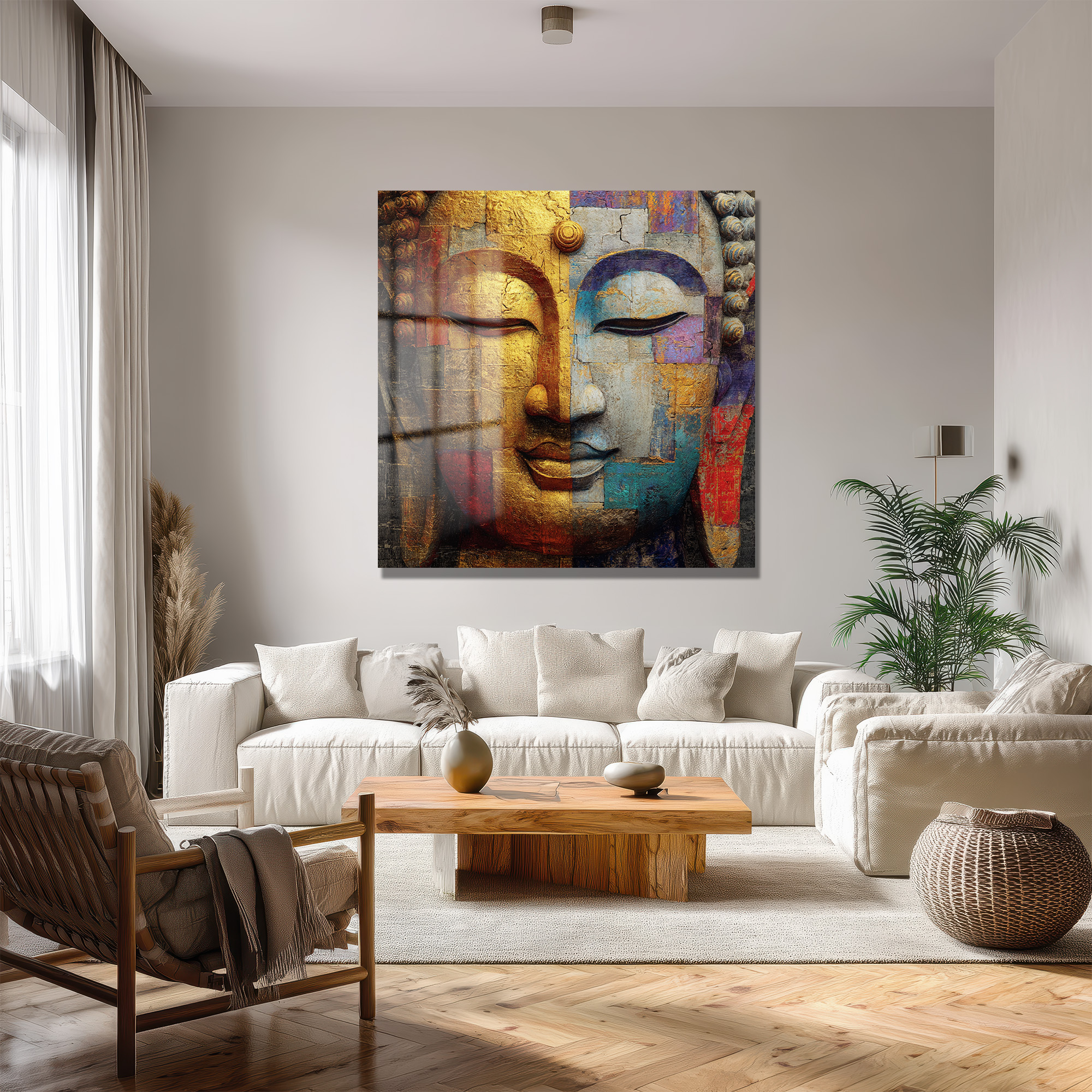 Budha Yüzü Soyut Sanat Cam Tablo - Altın ve Mavi Tonları Duvar Dekoru Budha Yüzü Soyut Sanat Cam Tablo - Altın ve Mavi Tonları