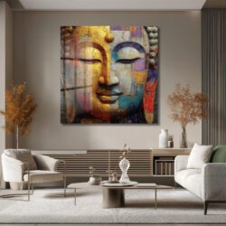 Budha Yüzü Soyut Sanat Cam Tablo - Altın ve Mavi Tonları Duvar Dekoru Budha Yüzü Soyut Sanat Cam Tablo - Altın ve Mavi Tonları