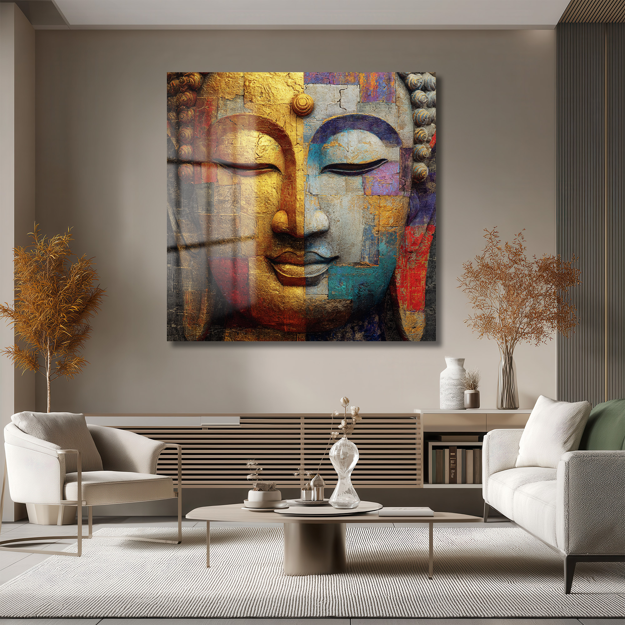 Budha Yüzü Soyut Sanat Cam Tablo - Altın ve Mavi Tonları Duvar Dekoru Budha Yüzü Soyut Sanat Cam Tablo - Altın ve Mavi Tonları