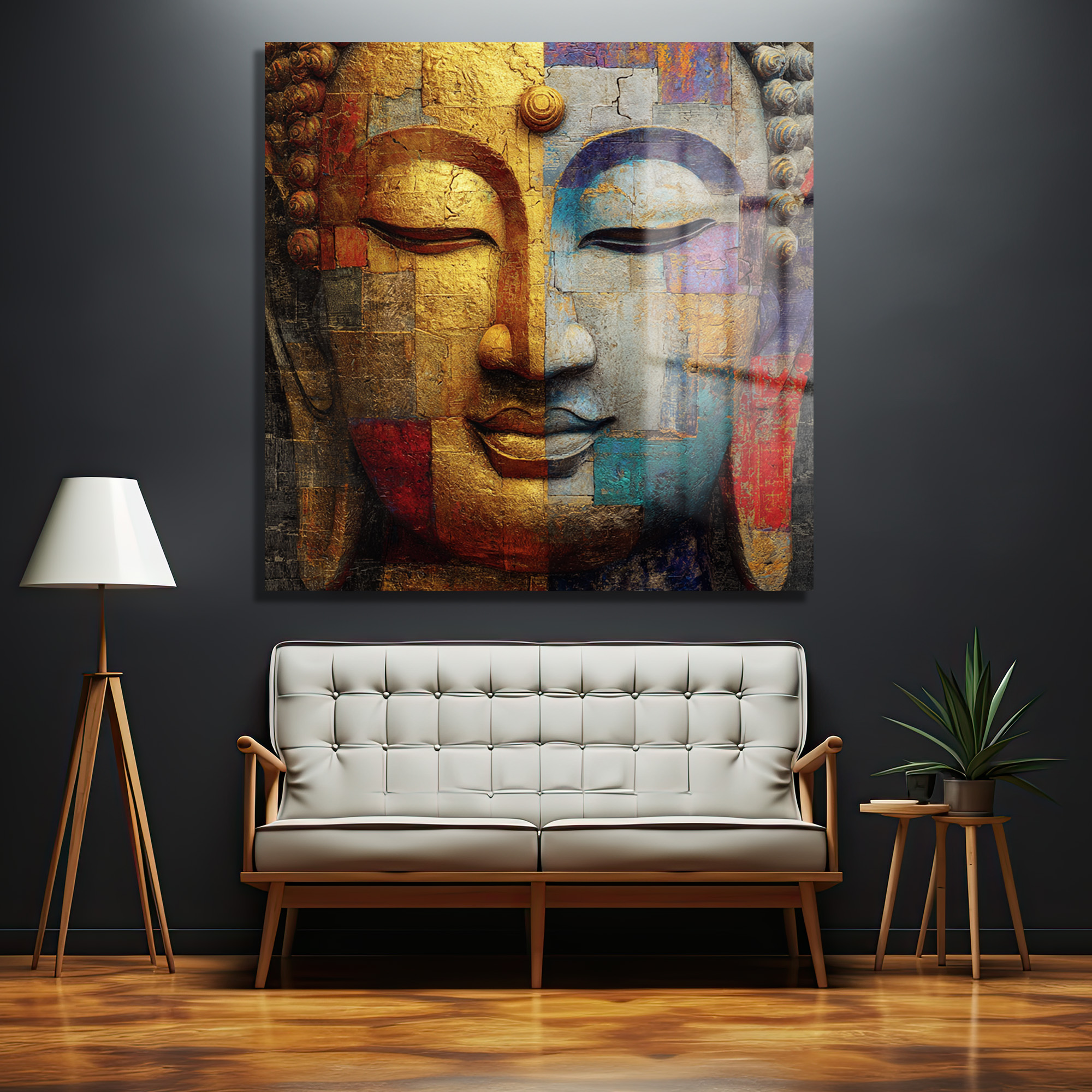 Budha Yüzü Soyut Sanat Cam Tablo - Altın ve Mavi Tonları Duvar Dekoru Koyu gri duvarda asılı, altın ve mavi renklerin hakim olduğu, parçalı ve dokulu soyut Budha yüzü cam tablo. Altında beyaz, ahşap detaylı bir kanepe ve yan tarafında ahşap lambader ile bitki bulunmaktadır.