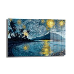 Van Gogh Tarzı Tropik Yıldızlı Gece Manzarası Cam Tablo Duvar Dekoru Van Gogh Tarzı Tropik Yıldızlı Gece Manzarası Cam Tablo