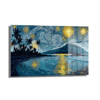 Van Gogh Tarzı Tropik Yıldızlı Gece Manzarası Cam Tablo