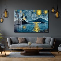 Van Gogh Tarzı Tropik Yıldızlı Gece Manzarası Cam Tablo Duvar Dekoru Van Gogh Tarzı Tropik Yıldızlı Gece Manzarası Cam Tablo