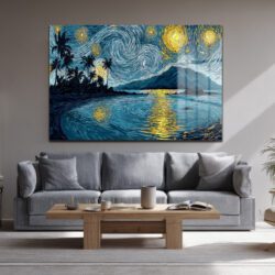 Van Gogh Tarzı Tropik Yıldızlı Gece Manzarası Cam Tablo Duvar Dekoru Van Gogh Tarzı Tropik Yıldızlı Gece Manzarası Cam Tablo