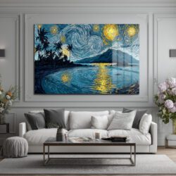 Van Gogh Tarzı Tropik Yıldızlı Gece Manzarası Cam Tablo Duvar Dekoru Van Gogh Tarzı Tropik Yıldızlı Gece Manzarası Cam Tablo