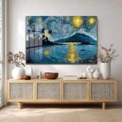 Van Gogh Tarzı Tropik Yıldızlı Gece Manzarası Cam Tablo Duvar Dekoru Van Gogh Tarzı Tropik Yıldızlı Gece Manzarası Cam Tablo