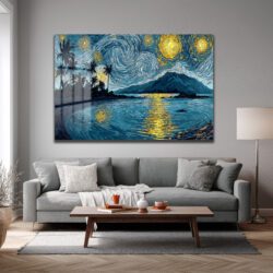 Van Gogh Tarzı Tropik Yıldızlı Gece Manzarası Cam Tablo Duvar Dekoru Van Gogh Tarzı Tropik Yıldızlı Gece Manzarası Cam Tablo