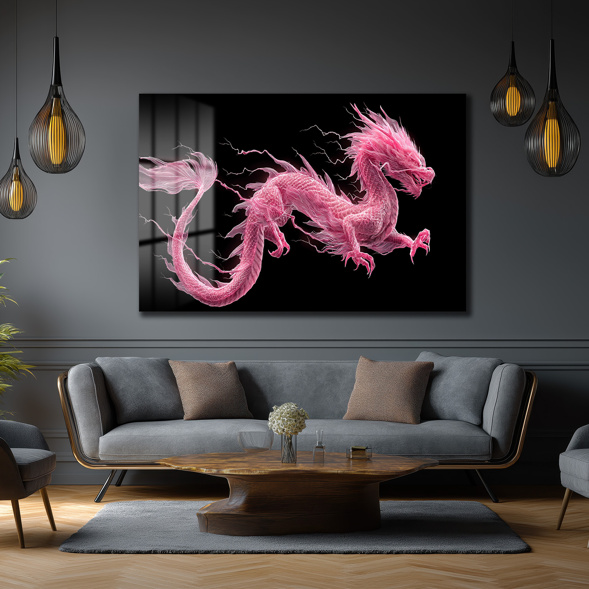 Pembe Ejderha Enerjisi Cam Tablo Duvar Dekoru Pembe Ejderha Enerjisi Cam Tablo