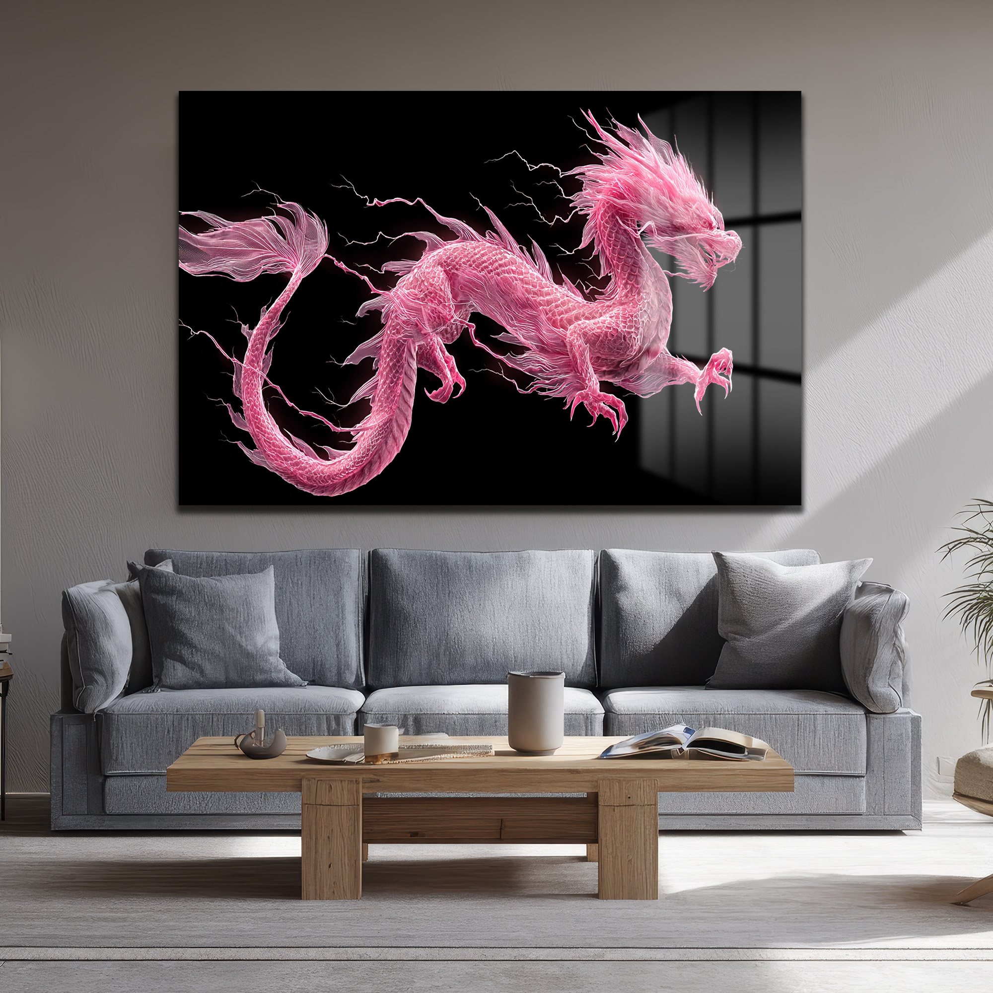 Pembe Ejderha Enerjisi Cam Tablo Duvar Dekoru Pembe Ejderha Enerjisi Cam Tablo