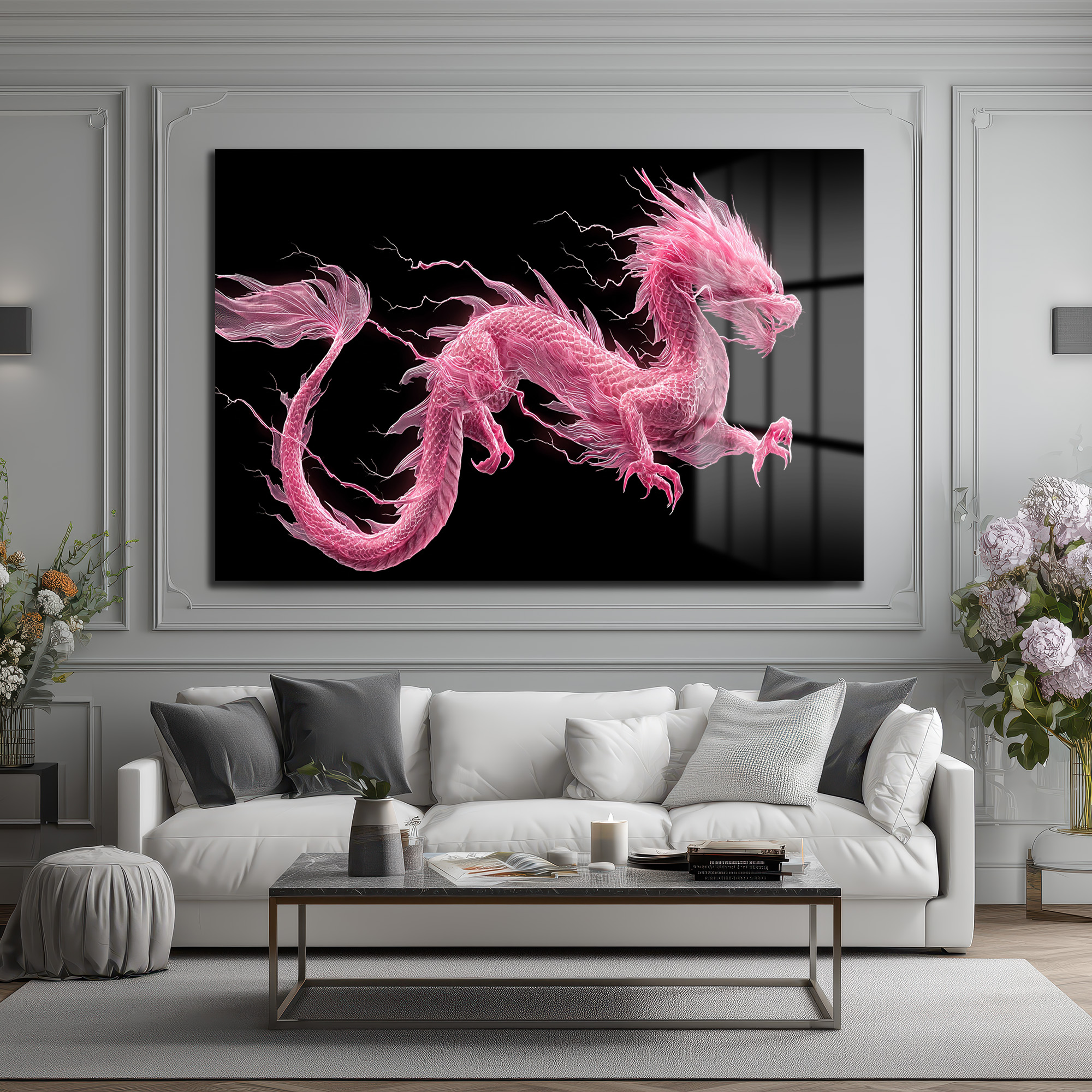 Pembe Ejderha Enerjisi Cam Tablo Duvar Dekoru Pembe Ejderha Enerjisi Cam Tablo
