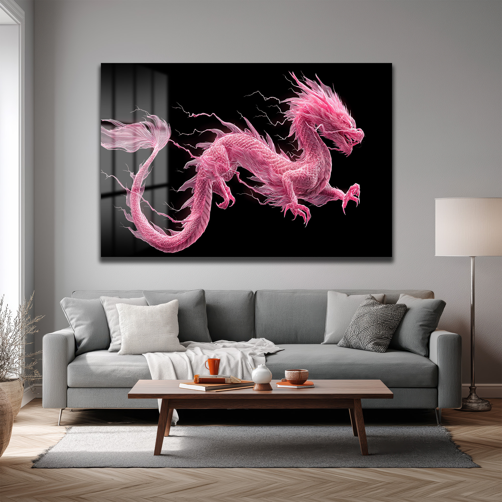 Pembe Ejderha Enerjisi Cam Tablo Duvar Dekoru Pembe Ejderha Enerjisi Cam Tablo
