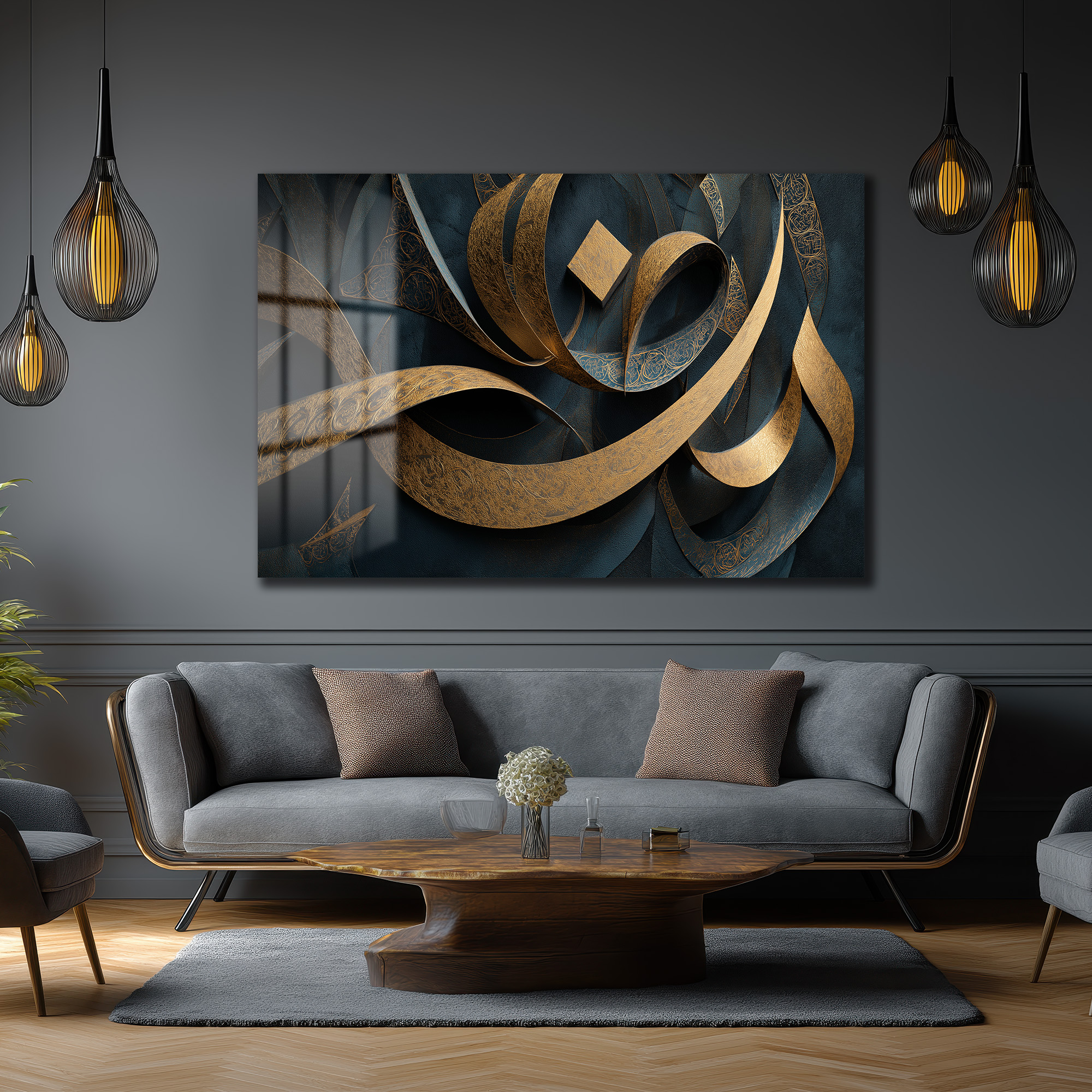 Altın Işıltılı Modern Hat Sanatı Cam Tablo Duvar Dekoru Altın Işıltılı Modern Hat Sanatı Cam Tablo