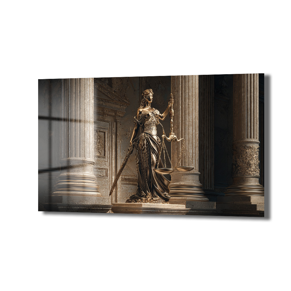 Themis Adalet Tanrıçası Heykeli Premium Cam Tablo Duvar Dekoru Antik sütunlar arasında duran, elinde terazi ve kılıç tutan, gözleri bağlı Themis Adalet Tanrıçası heykelinin bronz tonlarında bir cam tablo görseli.