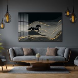 Özgür Ruh: Siyah At ve Altın Dalgalar Modern Cam Tablo Duvar Dekoru Özgür Ruh: Siyah At ve Altın Dalgalar Modern Cam Tablo