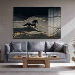 Özgür Ruh: Siyah At ve Altın Dalgalar Modern Cam Tablo Duvar Dekoru Özgür Ruh: Siyah At ve Altın Dalgalar Modern Cam Tablo