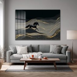 Özgür Ruh: Siyah At ve Altın Dalgalar Modern Cam Tablo Duvar Dekoru Özgür Ruh: Siyah At ve Altın Dalgalar Modern Cam Tablo