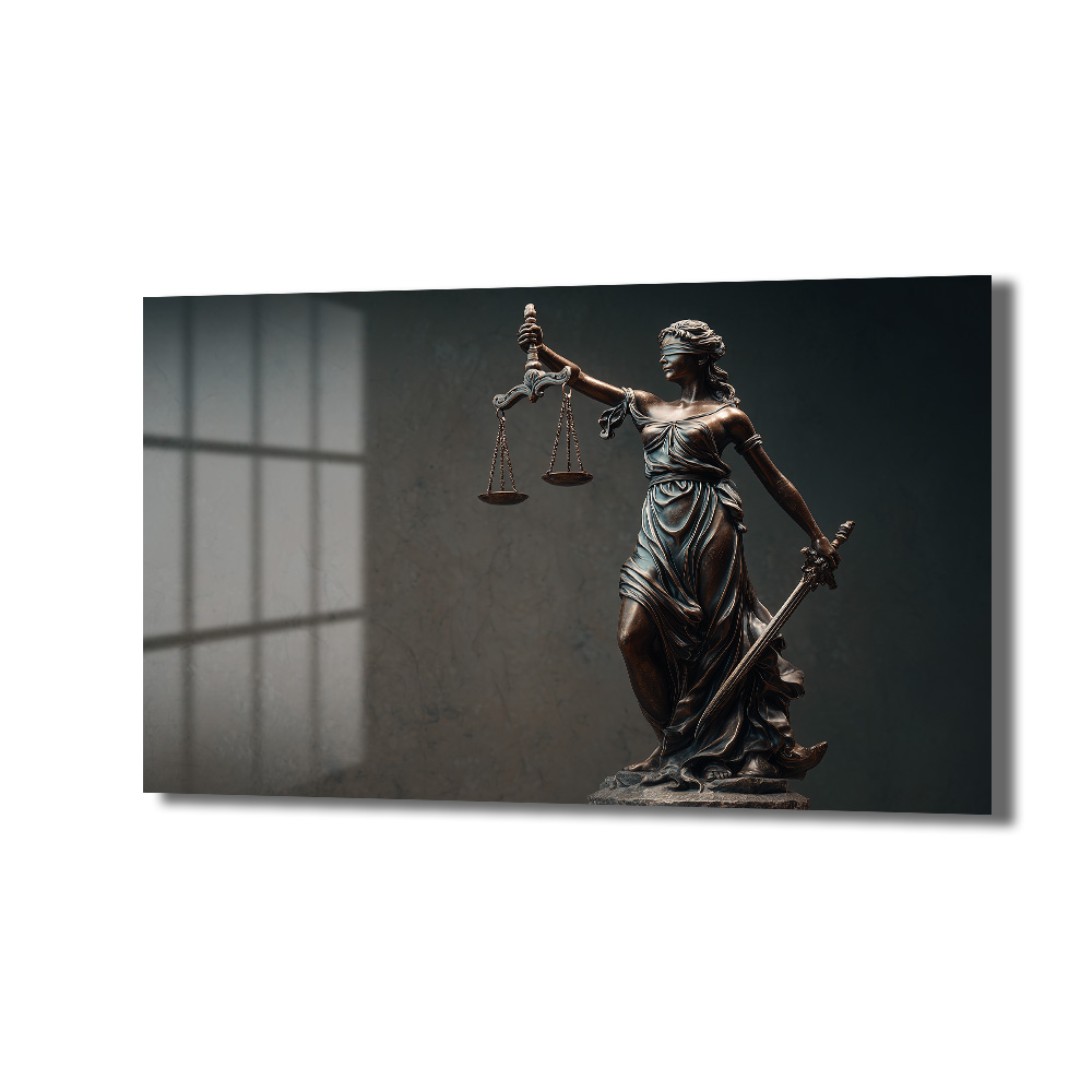 Adalet Tanrıçası Themis Cam Tablo - Hukukun Gücü Sanatla Buluşuyor Duvar Dekoru Gözleri bağlı, bir elinde terazi, diğer elinde kılıç tutan bronz renkli Adalet Tanrıçası Themis heykelinin koyu, dramatik bir arka plan önünde durduğu, pencere gölgelerinin yansıdığı sanatsal cam tablo.