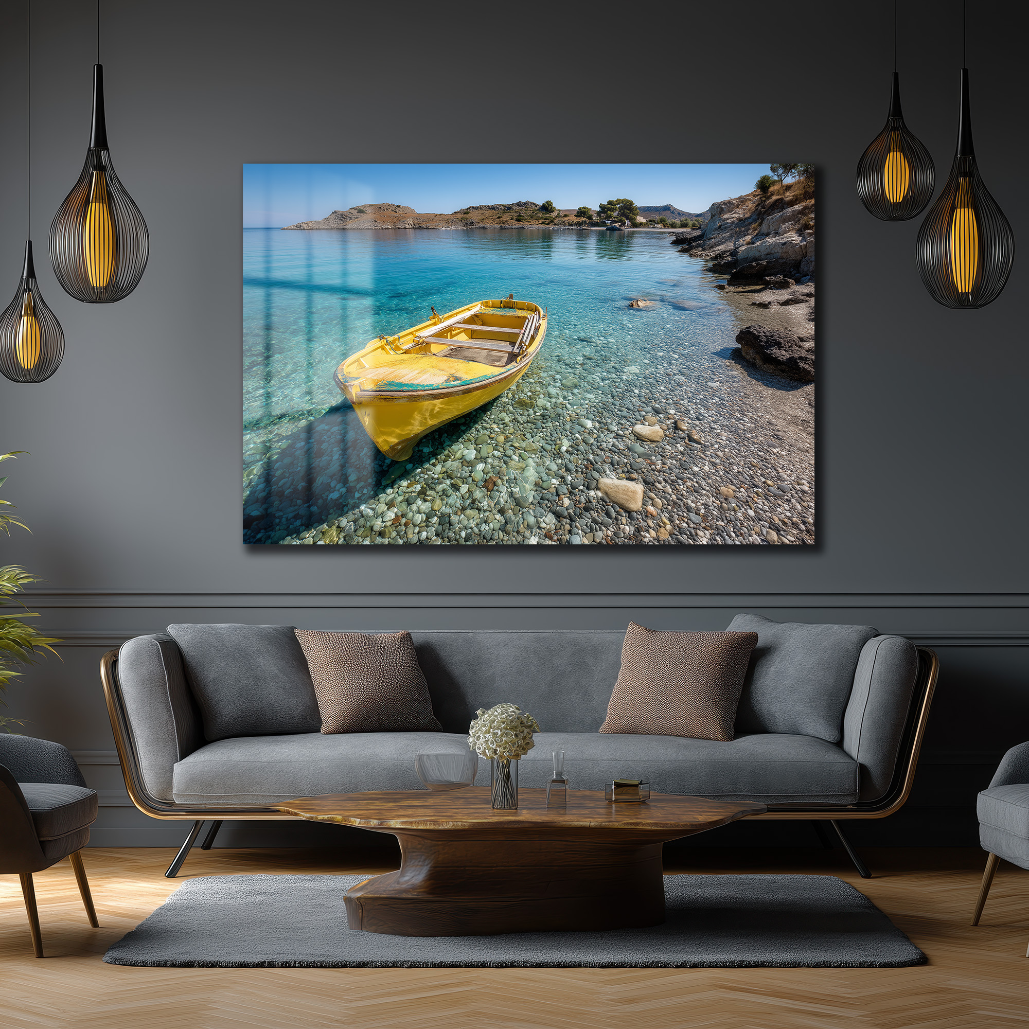 Sakin Koyda Sarı Tekne Temalı Cam Tablo Duvar Dekoru Sakin Koyda Sarı Tekne Temalı Cam Tablo