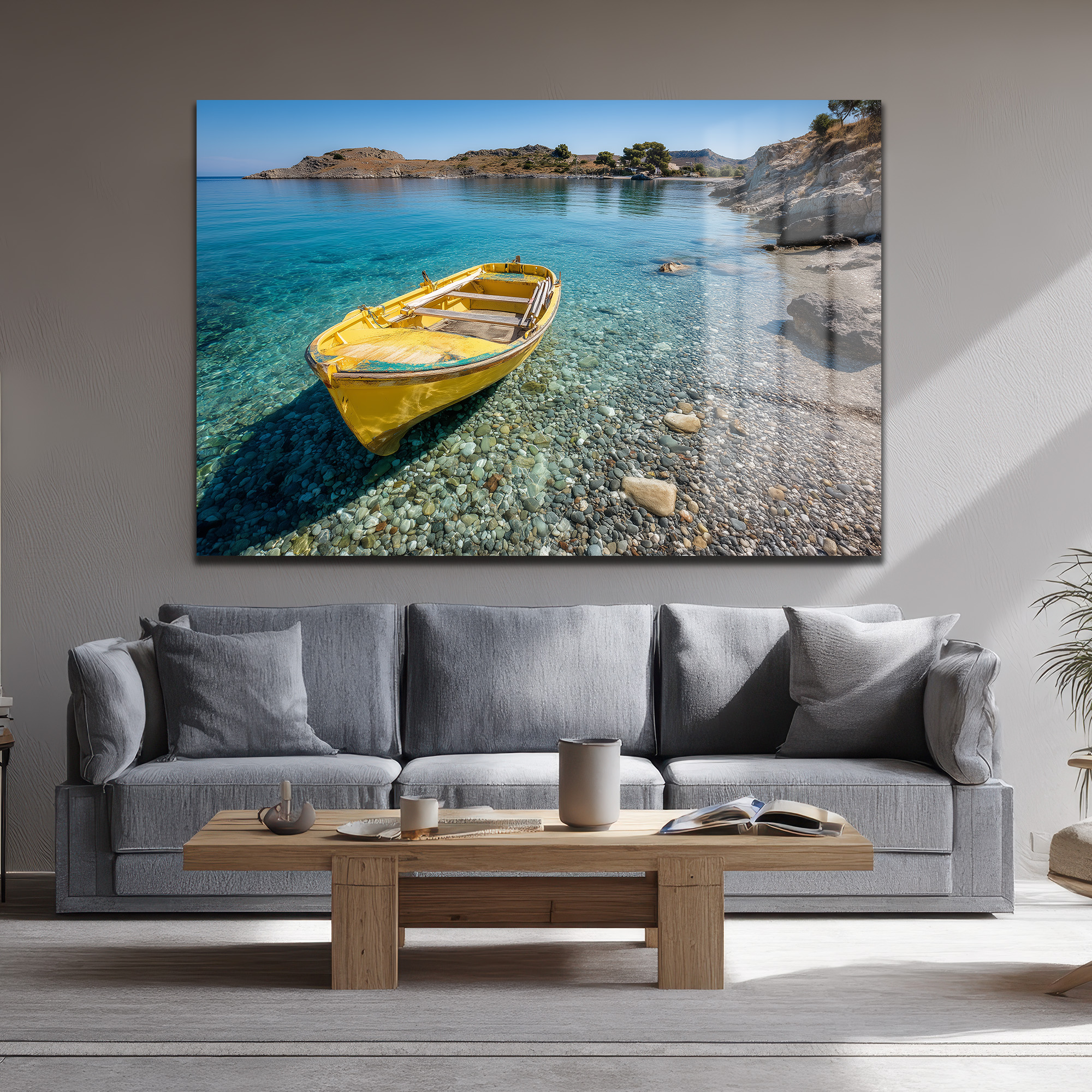 Sakin Koyda Sarı Tekne Temalı Cam Tablo Duvar Dekoru Sakin Koyda Sarı Tekne Temalı Cam Tablo