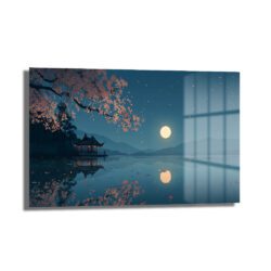 Ay Işığında Sakura Gölgesi Manzaralı Cam Tablo Duvar Dekoru Ay Işığında Sakura Gölgesi Manzaralı Cam Tablo