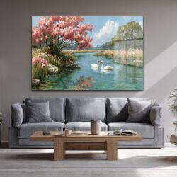 Bahar Esintisi Kuğulu Nehir Manzarası Cam Tablo Duvar Dekoru Bahar Esintisi Kuğulu Nehir Manzarası Cam Tablo
