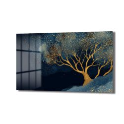 Büyülü Gece Ağacı Altın Işıltılı Modern Cam Tablo Duvar Dekoru Büyülü Gece Ağacı Altın Işıltılı Modern Cam Tablo