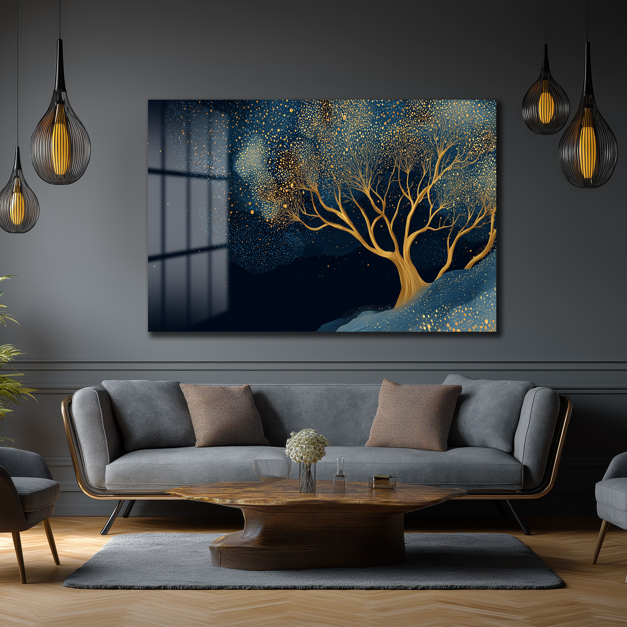 Büyülü Gece Ağacı Altın Işıltılı Modern Cam Tablo Duvar Dekoru Büyülü Gece Ağacı Altın Işıltılı Modern Cam Tablo
