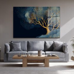 Büyülü Gece Ağacı Altın Işıltılı Modern Cam Tablo Duvar Dekoru Büyülü Gece Ağacı Altın Işıltılı Modern Cam Tablo