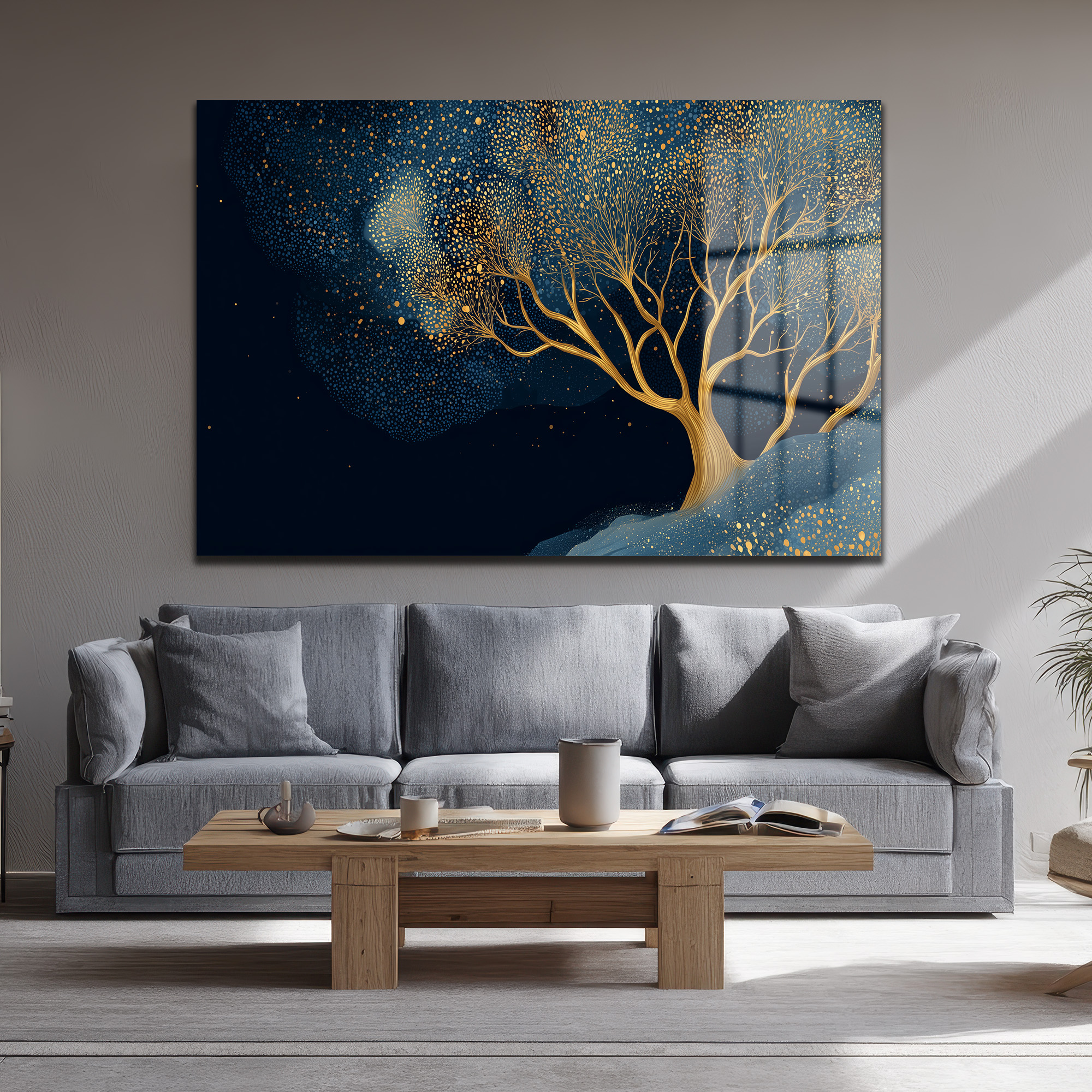 Büyülü Gece Ağacı Altın Işıltılı Modern Cam Tablo Duvar Dekoru Büyülü Gece Ağacı Altın Işıltılı Modern Cam Tablo