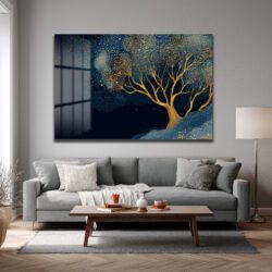 Büyülü Gece Ağacı Altın Işıltılı Modern Cam Tablo Duvar Dekoru Büyülü Gece Ağacı Altın Işıltılı Modern Cam Tablo