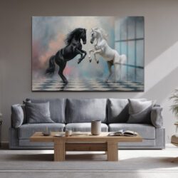 Siyah ve Beyaz Atların Dansı Cam Tablo - Güç ve Zarafet Duvar Dekoru Siyah ve Beyaz Atların Dansı Cam Tablo - Güç ve Zarafet