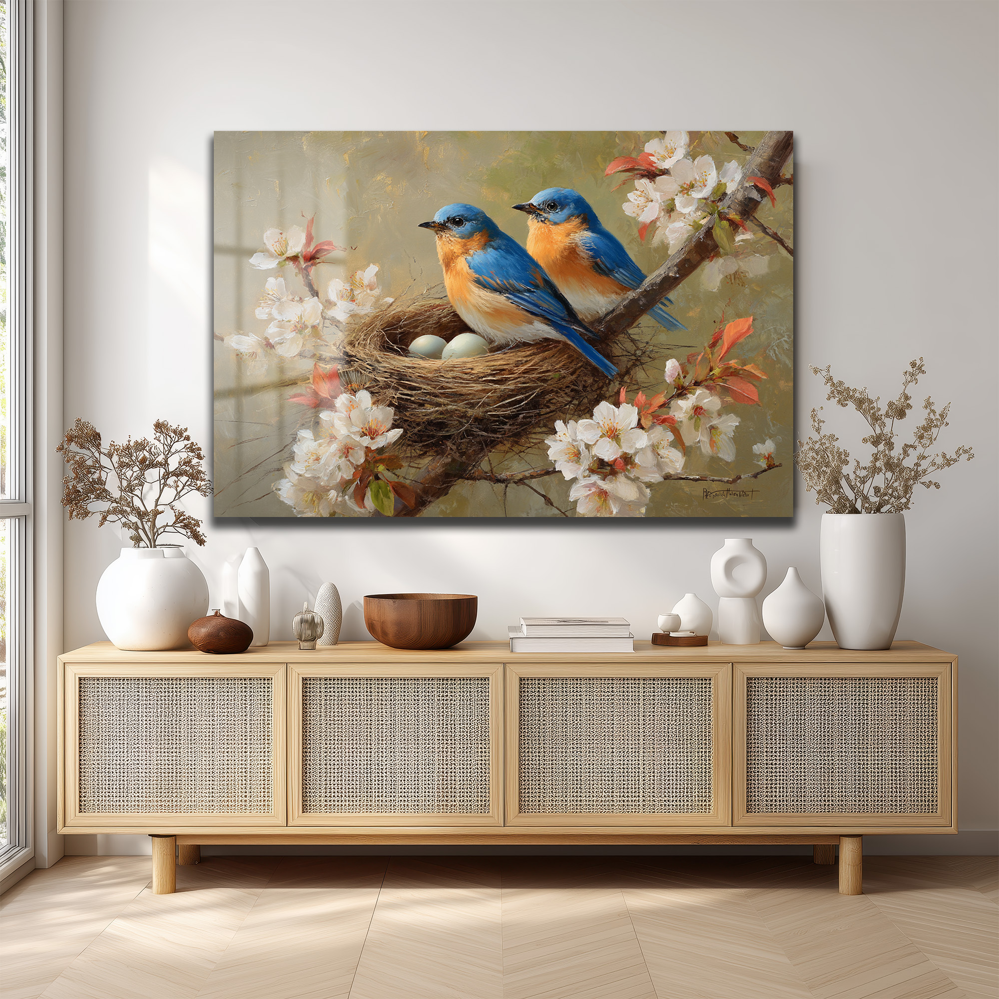 Baharın Müjdecisi Mavi Kuşlar ve Yuva Temalı Cam Tablo Duvar Dekoru Baharın Müjdecisi Mavi Kuşlar ve Yuva Temalı Cam Tablo