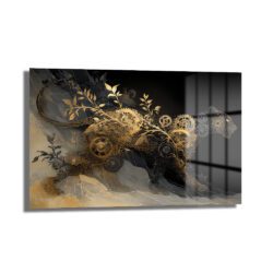 Büyüleyici Steampunk Panter Cam Tablo: Altın Dişliler ve Yapraklar Duvar Dekoru Büyüleyici Steampunk Panter Cam Tablo: Altın Dişliler ve Yapraklar