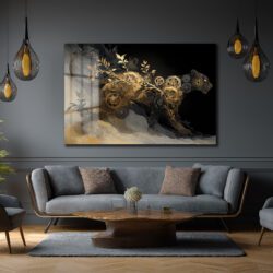 Büyüleyici Steampunk Panter Cam Tablo: Altın Dişliler ve Yapraklar Duvar Dekoru Büyüleyici Steampunk Panter Cam Tablo: Altın Dişliler ve Yapraklar