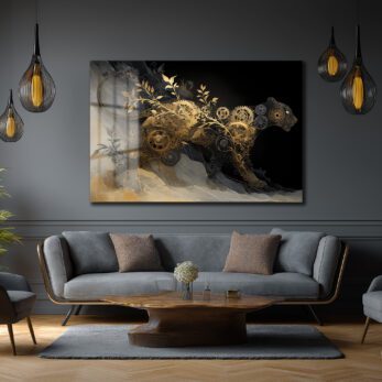 Büyüleyici Steampunk Panter Cam Tablo: Altın Dişliler ve Yapraklar - Glazella Büyüleyici Steampunk Panter Cam Tablo: Altın Dişliler ve Yapraklar - Glazella