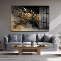 Büyüleyici Steampunk Panter Cam Tablo: Altın Dişliler ve Yapraklar Duvar Dekoru Büyüleyici Steampunk Panter Cam Tablo: Altın Dişliler ve Yapraklar
