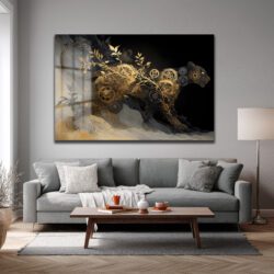Büyüleyici Steampunk Panter Cam Tablo: Altın Dişliler ve Yapraklar Duvar Dekoru Büyüleyici Steampunk Panter Cam Tablo: Altın Dişliler ve Yapraklar