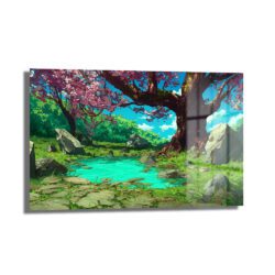 Anime Estetiği Sakura Ağaçlı Büyülü Göl Manzarası Cam Tablo Duvar Dekoru Anime Estetiği Sakura Ağaçlı Büyülü Göl Manzarası Cam Tablo