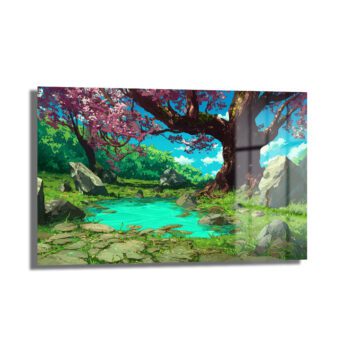 Anime Estetiği Sakura Ağaçlı Büyülü Göl Manzarası Cam Tablo - Glazella