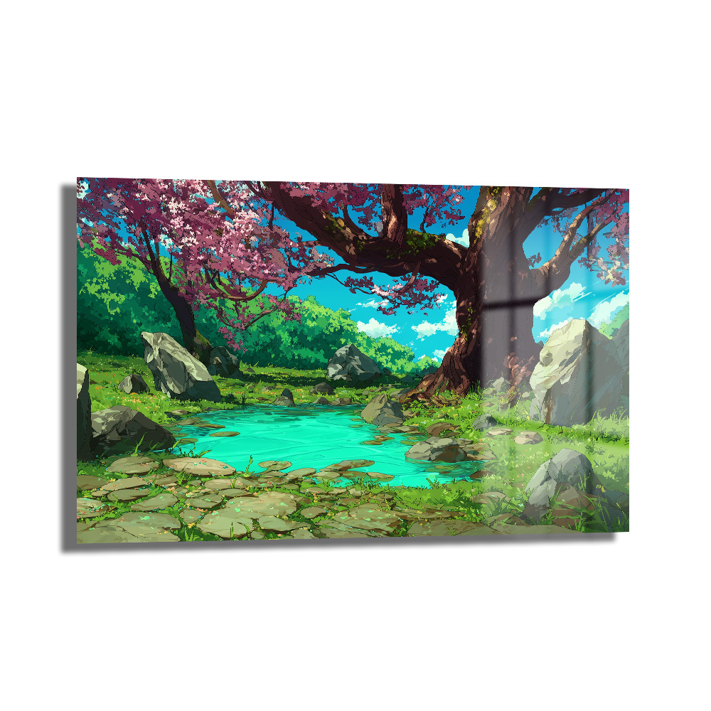Anime Estetiği Sakura Ağaçlı Büyülü Göl Manzarası Cam Tablo Duvar Dekoru Anime Estetiği Sakura Ağaçlı Büyülü Göl Manzarası Cam Tablo