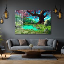 Anime Estetiği Sakura Ağaçlı Büyülü Göl Manzarası Cam Tablo Duvar Dekoru Anime Estetiği Sakura Ağaçlı Büyülü Göl Manzarası Cam Tablo