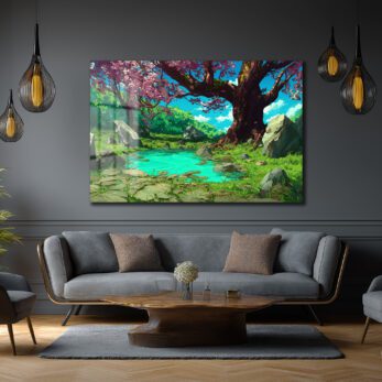 Anime Estetiği Sakura Ağaçlı Büyülü Göl Manzarası Cam Tablo - Glazella
