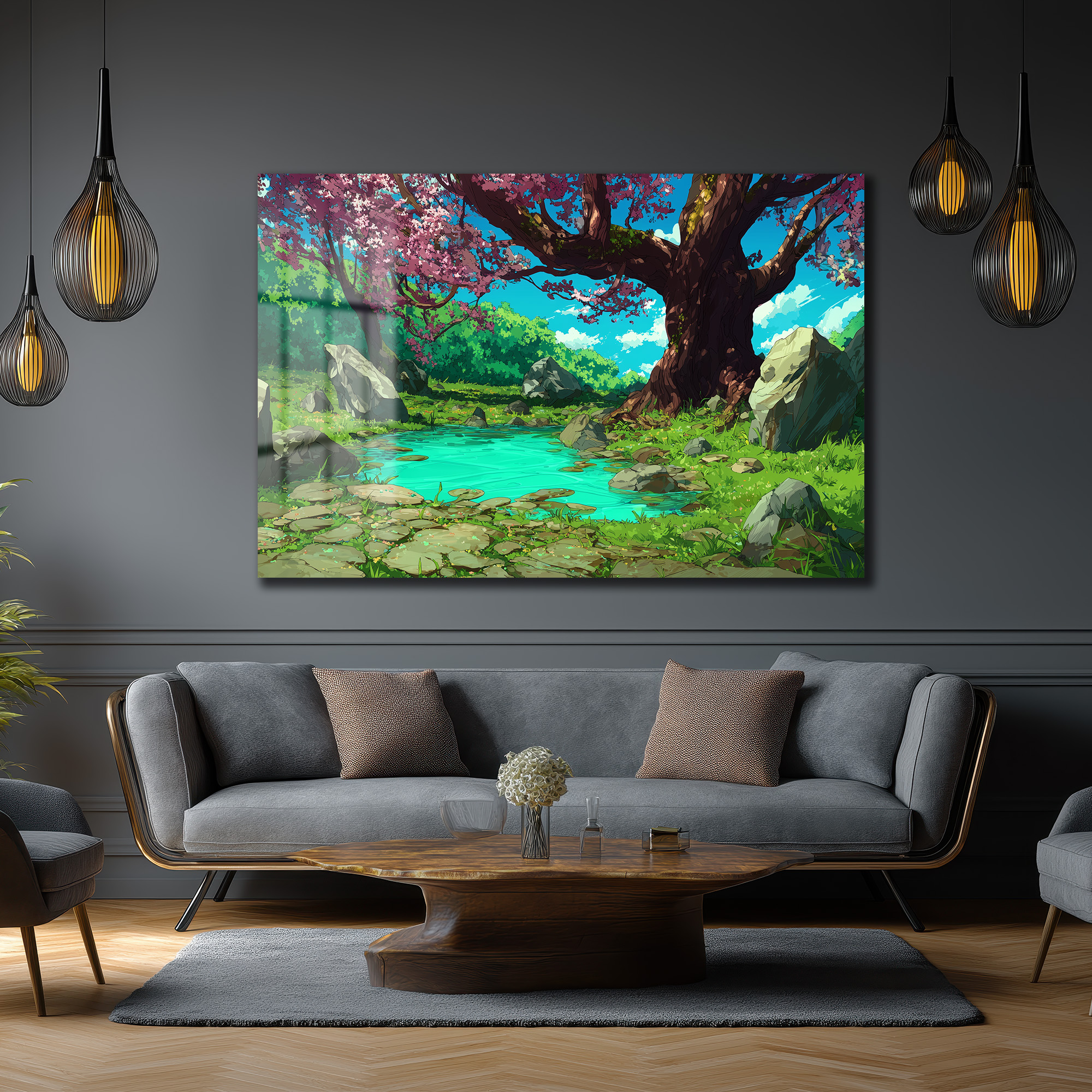 Anime Estetiği Sakura Ağaçlı Büyülü Göl Manzarası Cam Tablo Duvar Dekoru Anime Estetiği Sakura Ağaçlı Büyülü Göl Manzarası Cam Tablo