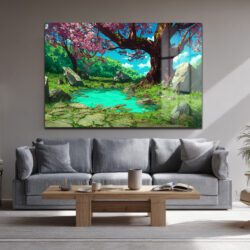 Anime Estetiği Sakura Ağaçlı Büyülü Göl Manzarası Cam Tablo Duvar Dekoru Anime Estetiği Sakura Ağaçlı Büyülü Göl Manzarası Cam Tablo