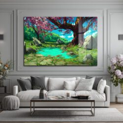 Anime Estetiği Sakura Ağaçlı Büyülü Göl Manzarası Cam Tablo Duvar Dekoru Anime Estetiği Sakura Ağaçlı Büyülü Göl Manzarası Cam Tablo